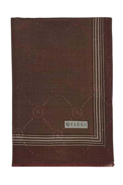Vakko Cotton Silk Shawl - Monogram with Border - Crimson Brown