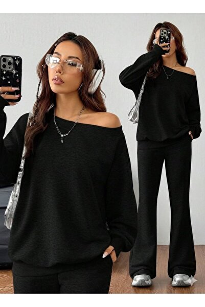 buğrahayalin Women's Long Sleeve One Shoulder Open Two Thread Blouse and Pants Two Piece Set