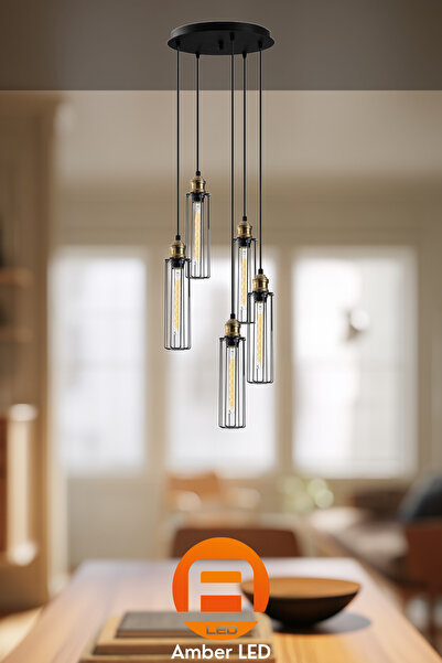 AmberLED Şık Metal Gövdeli Tel 5'Li Tepsi Sarkıt Modern Aydınlatma