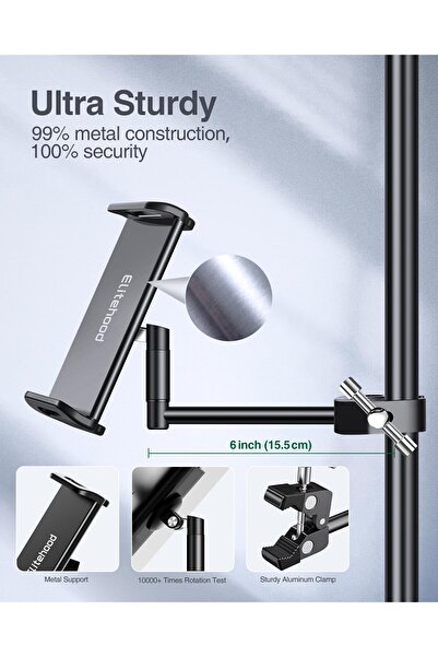 Elitehood Aluminum iPad Holder for Mic Stand, 360° Swivel Tilt Adjustable Tablet Holder (4–13in)
