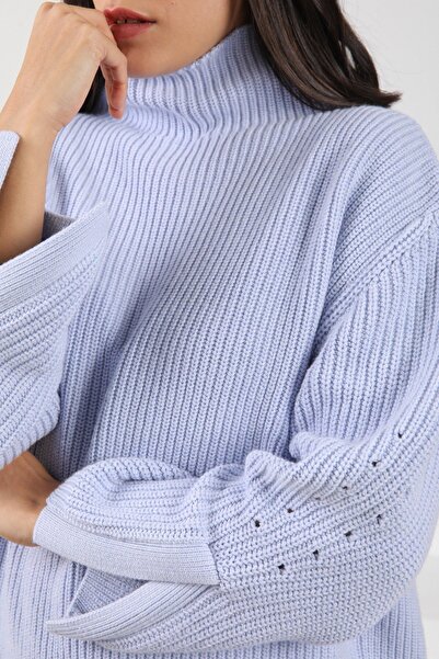 Ferraro Blue Handle Slit Turtleneck Cashmere Women's Knitwear Sweater