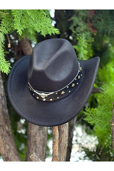 Axesoire 19023 Deri Aksesuarlı Siyah Kovboy Fötr Şapka
