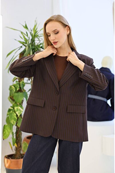 MODA1 Mavi Çizgili Blazer Kadın Ceket