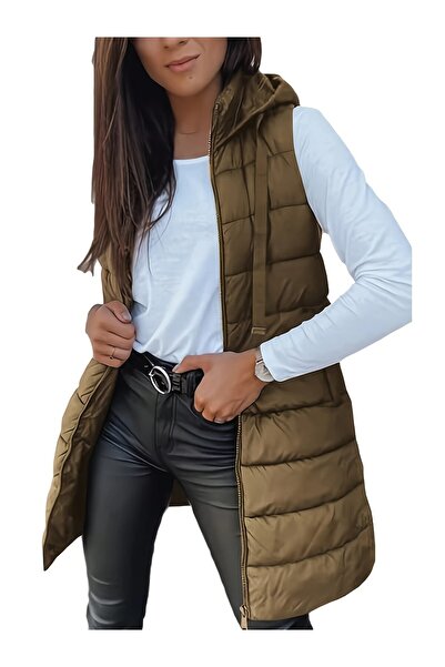OEM Women's outerwear, solid color medium length vest jacket, slim fit hooded, khaki color, S