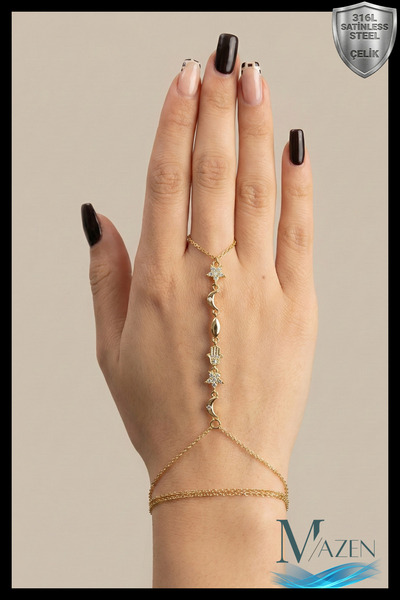 MAZEN 316L Çelik Zincirli Gold Renk Zirkon Taşlı Fatma Ana Eli Ay Yıldız Figürlü Şans Bilekliği