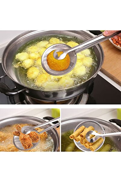 Generic A stainless steel kitchen tool for frying and cooking, featuring a fine mesh and a long handle.