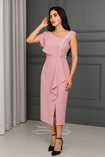 Aljouri An elegant dress with a soft, modern design, featuring a one-shoulder cut and delicate feather embellishments.