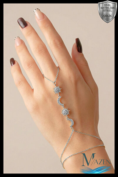MAZEN 316L Çelik Zincirli Gümüş Renk Zirkon Taşlı Güneş ve Ay Hilal Figürlü Zincir Bileklik