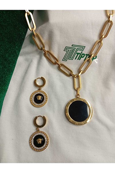 GB / TİPTOP / ÇİFT RENKLİ GOLD KOLYE - V ERSACE TAŞLI GOLD KÜPE SET