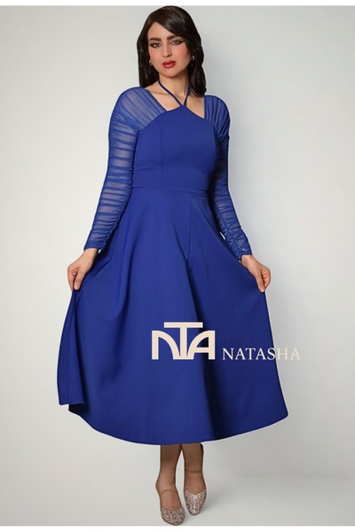 NATASHA Fashion Women's blue dress with a unique sleeve design