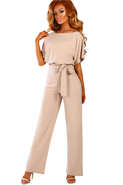 WildFashion Casual/elegant jumpsuit with short sleeves and drawstring waist, made of lightweight material, beige X19-155