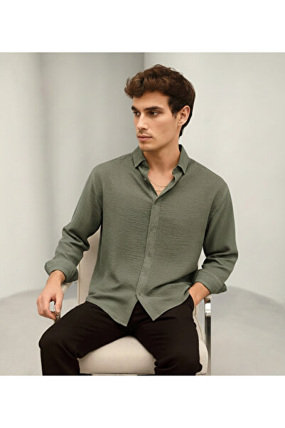 Bürke Summer Linen Textured Long Sleeve Olive Green Half Oversized Men's Shirt