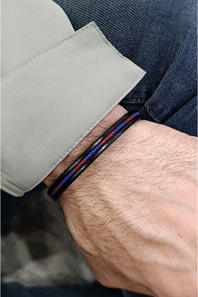 SEN'Z COLLECTİON Dinamik Stil Erkek Siyah Deri Üzeri Boncuklu İnce Bileklik