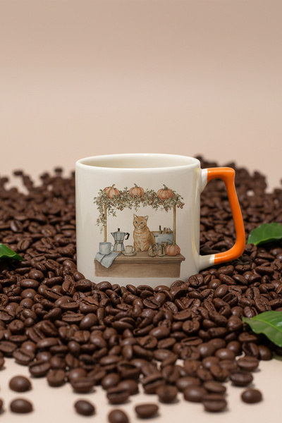 giftkonsept Autumn Themed Cute Cat No:8 Printed Orange D Mug with Handle