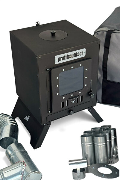 pratikoutdoor Kare Kamp ve Çadır Sobası – Katlanır Ayaklı, Borulu ve Büyük Camlı Odun Sobası Seti, Taşıma Çantalı