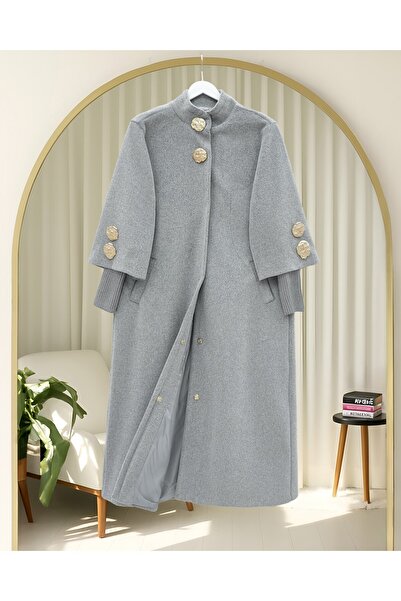 MissRunin Gold Broşlu Gizli Çıtçıt Düğmeli Cepli Astarlı Kaşe Kap