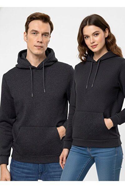 SÜVARİ Oversized Wide Cut Cotton Soft Textured Fleece Inside Basic Hooded Anthracite Sweatshirt