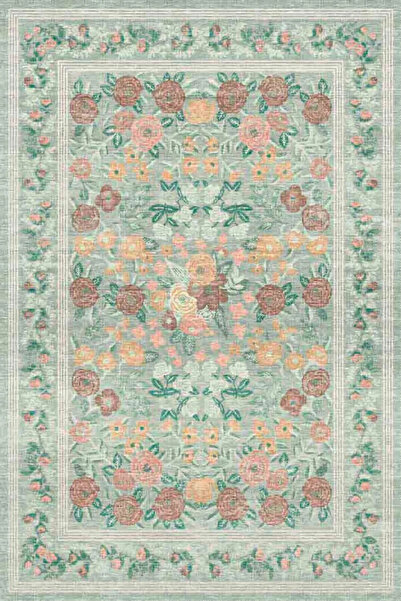 Halımax Drom Pamuk Dokuma Taban Makinede Yıkanabilen Kilim Kaymaz Şönil Vintage Çiçek Desenli Yeşil Halı