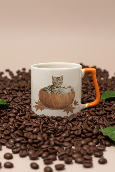 giftkonsept Autumn Themed Cute Cat No:4 Printed Orange D Mug Cup with Handle