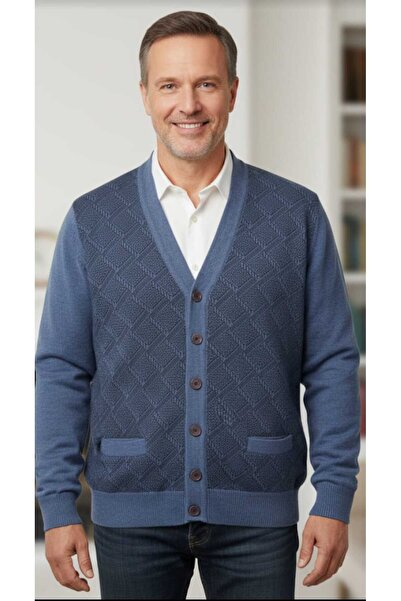 ALGE TRİKO Long Sleeve Pocketed Buttoned Wool Steel Knit End of the Line Men's Cardigan