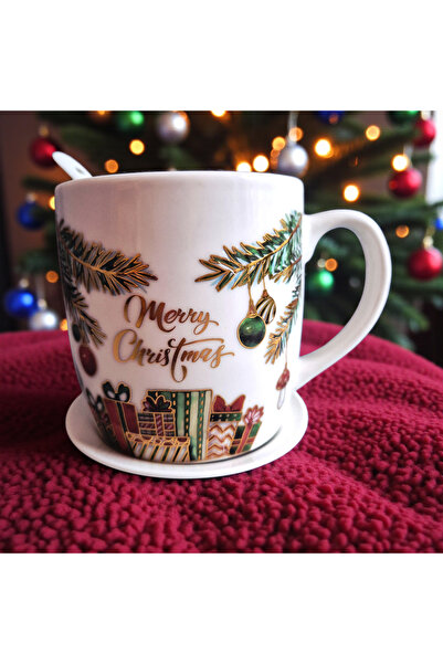 ELEDEEA Christmas Mug with Saucer and Spoon - Fir Branches