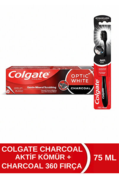 Colgate OPTIC WHİTE CHARCOAL AKTİF KÖMÜR 75ML + CHARCOAL 360 SİYAH DİŞ FIRÇASI (1+1)