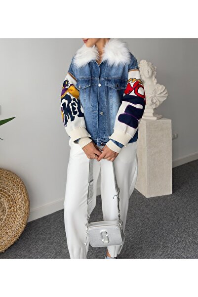 Lavanta Tekstil Palton din denim cu design de pluș în interior