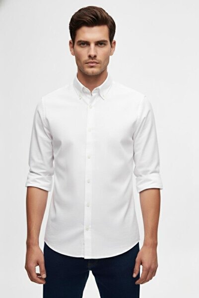 Efor Slim Fit %100 Pamuk Düğmeli Yaka Oxford Beyaz Gömlek GK 2026