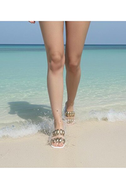 GREER Gold metalik detaylı şeffaf bantlı terlik