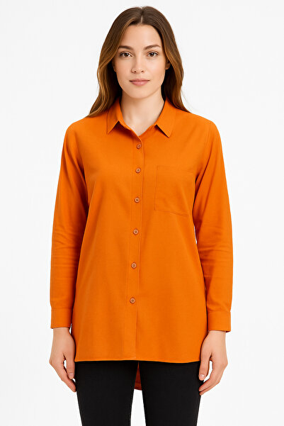 Nuevo Γυναικείο πουκάμισο πορτοκαλί βισκόζης με κανονικό μπροστινό μέρος και ...