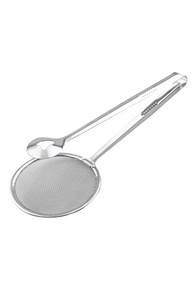 Generic A stainless steel kitchen tool for frying and cooking, featuring a fine mesh and a long handle.