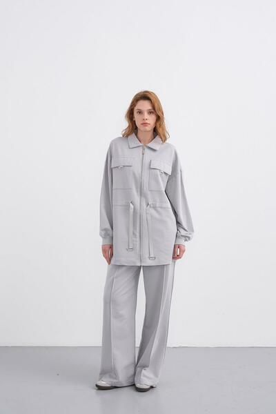 Basicpark Painted Gray Women's Polo Neck Pocket Detailed Zippered Wide Leg Ribbed Knitted Top and Bottom Set