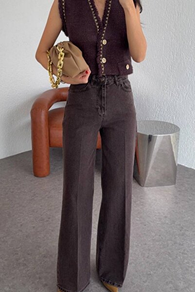 Aura 7 Collection Kadın Yüksek Bel Wide Leg Kahve Palazzo Premium Jean Pantolon