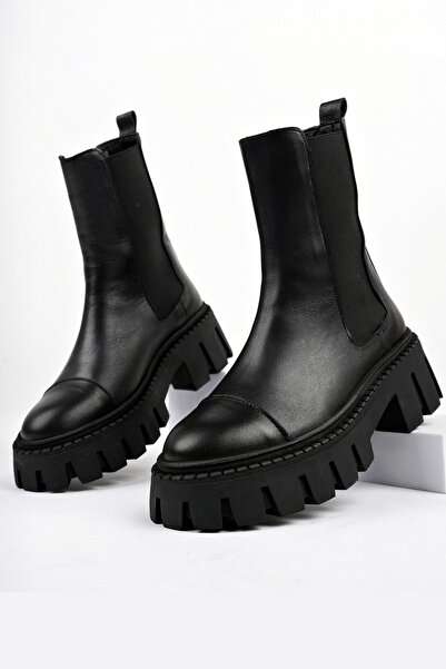 GRADA Cizme de damă negre din piele naturală cu talpă groasă și elastică Cizm...