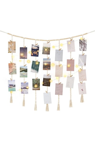 KASTWAVE Macrame Hanging Photo Display Wall Decor with String Lights and 45 Clips