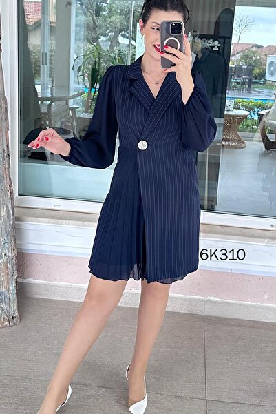 İnce Topuk Chiffon Sleeve Pleated Striped Double Dress 6K310