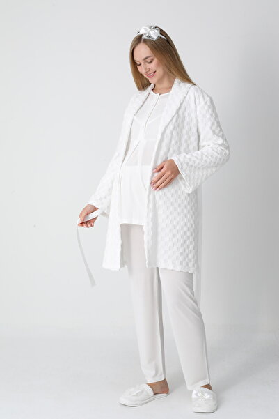 BLACKMORE Women's Ecru Shawl Collar Special Lace Design Cotton Quilted Dressing Gown 3-Piece Pajama Set