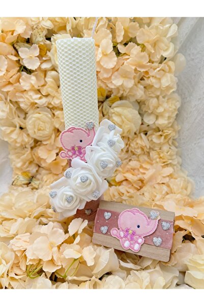 kizu Lumanare Botez din Ceara de Albine Tip Fagure Handmade cu Elefant Roz si...