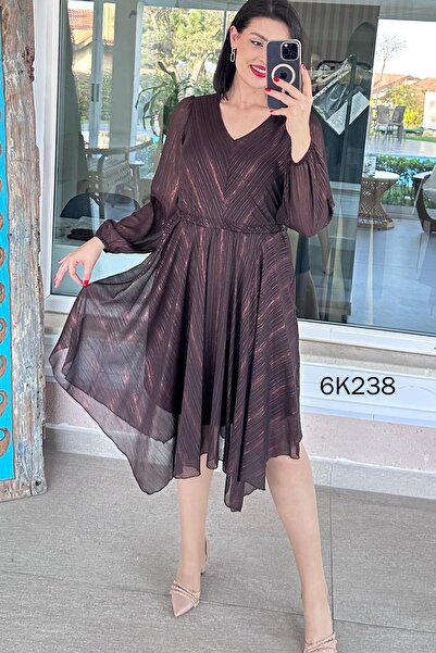 İnce Topuk Varak Baskılı Şifon Elbise 6k238