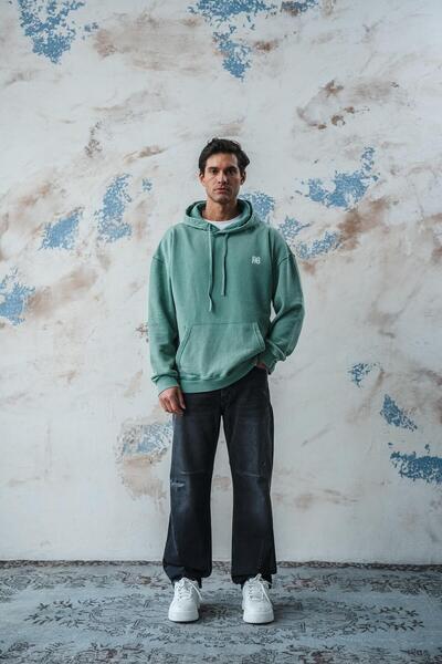R8 STUDIOS R8 ERKEK KAPÜŞONLU YIKAMALI SWEATSHIRT YEŞİL HD-5002-2