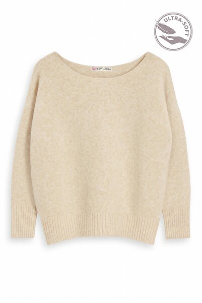 Mixray 6995 women's boat neck wool blend knit sweater - stone marn