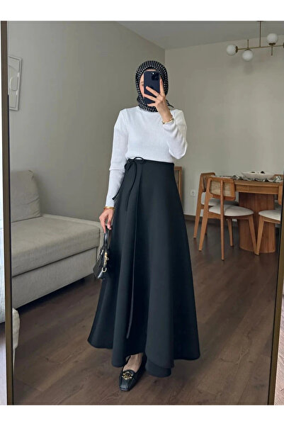 DEFNECE BUTİK Waist-Tied Scuba Skirt - Black