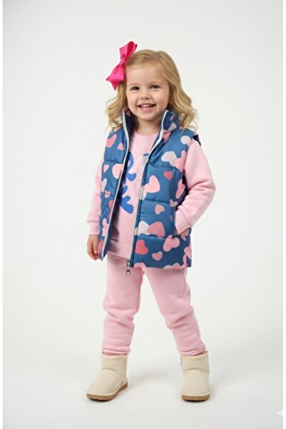 Nellino طقم رياضي للفتيات بنمط قلب وسحاب أمامي، سترة منتفخة وبنطلون رياضي سميك