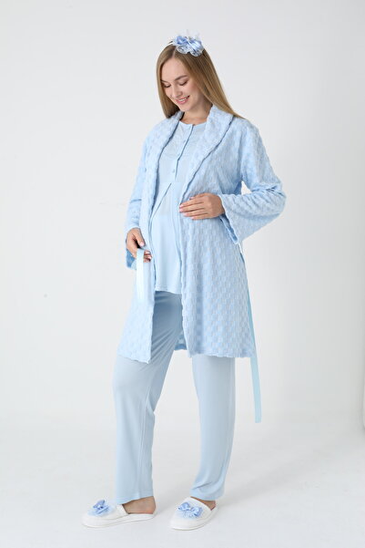 BLACKMORE Women's Blue Shawl Collar Special Lace Design Cotton Quilted Dressing Gown 3-Piece Pajama Set