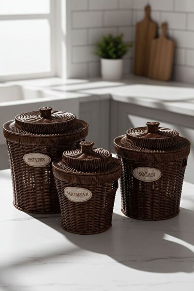 Bayev 3-Piece Burl Acacia Set with Wicker Lid Potato Onion Garlic Basket - 3 Sizes Rattan Vegetable Basket