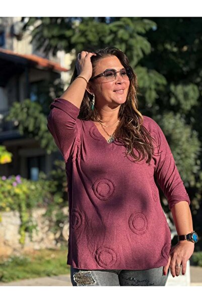 Punta Otantik Nc20663 Lace V-Neck Italian Knit Blouse Cherry