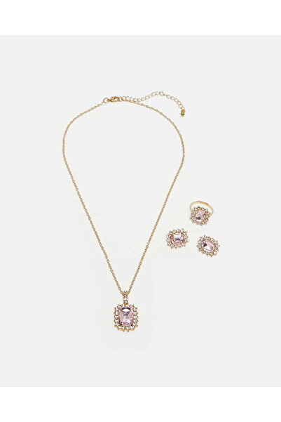 REDTAG أقراط وقلادة وخاتم مزخرفة بالذهب للنساء (عبوة من 3 قطع)