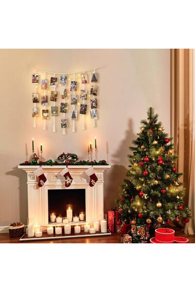 KASTWAVE Macrame Hanging Photo Display Wall Decor with String Lights and 45 Clips