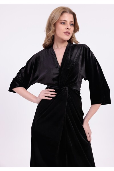 etselements Luxury Velvet Plain Double-Breasted Neckline Slit Detail Dress Ets1011