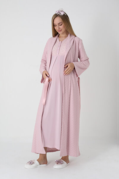 ERDENİZ TEKSTİL Hamile Takımı - Fiyonk Desenli Jakarlı Kumaş - Lohusa Gecelik...